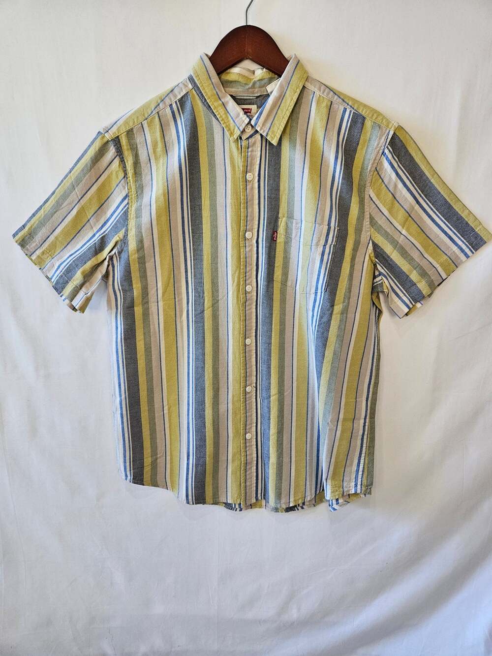 Levi's Button Up Stripes Short Sleeve Shirt Yellow White Blue Large